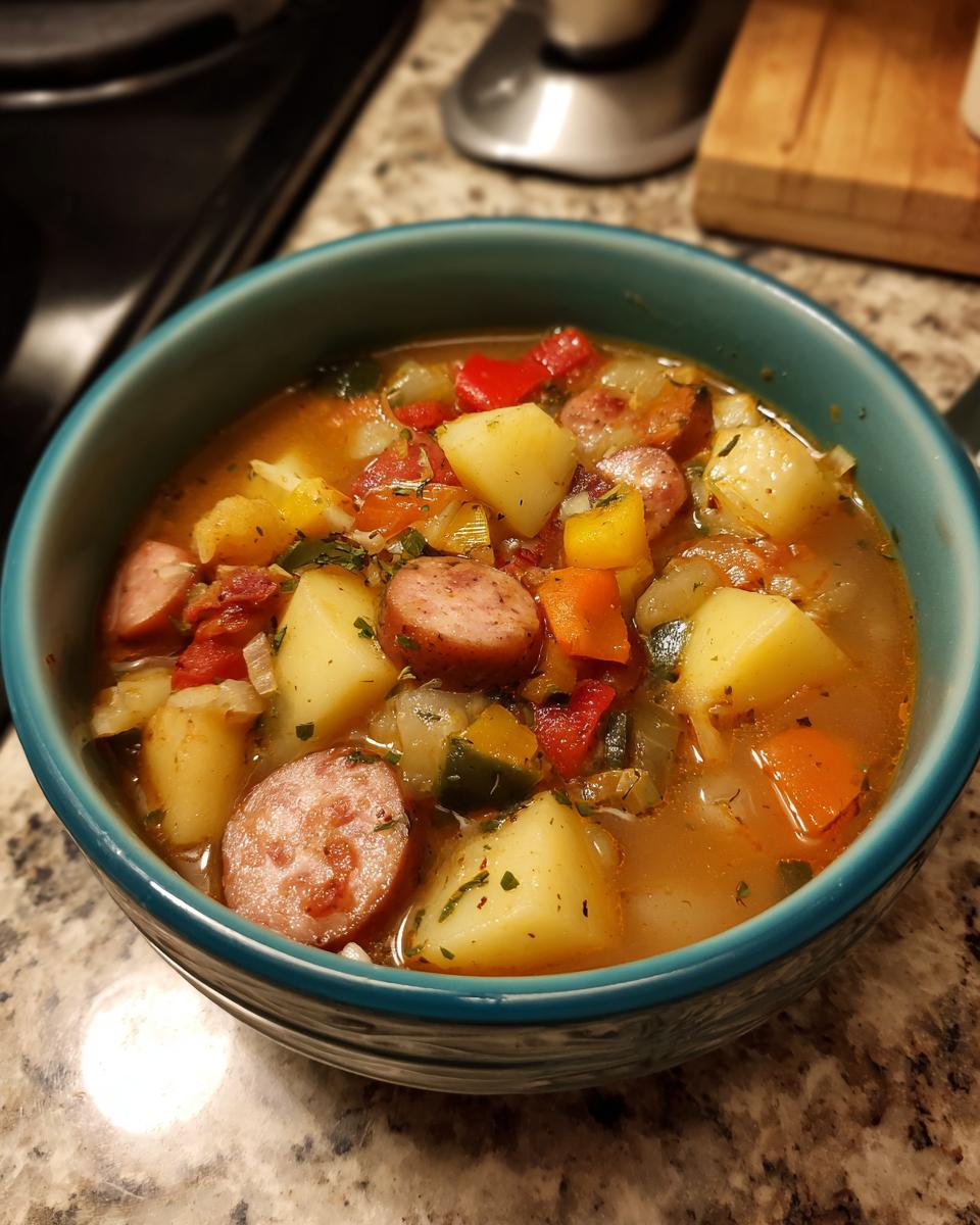 A bowl of delicious Smoked Sausage & Potato Soup with potatoes, sausage, and vegetables.