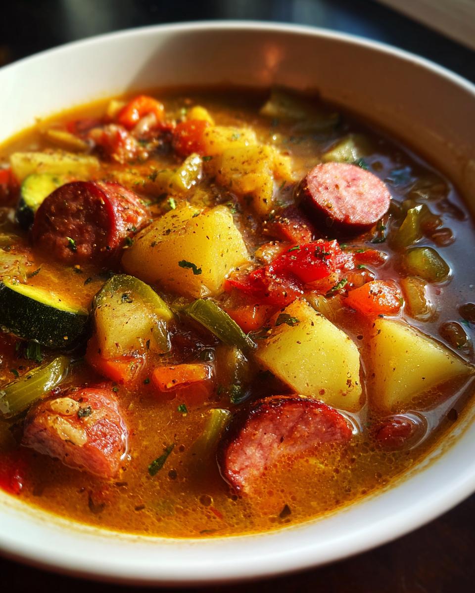 Close-up of a bowl of Smoked Sausage & Potato Soup with sausage, potatoes, and vegetables.