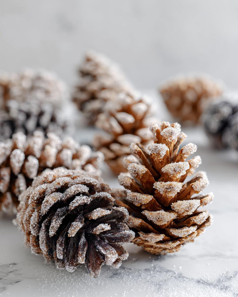 Close-up of several snow-flocked pinecones, dusted with sugar to resemble snow.