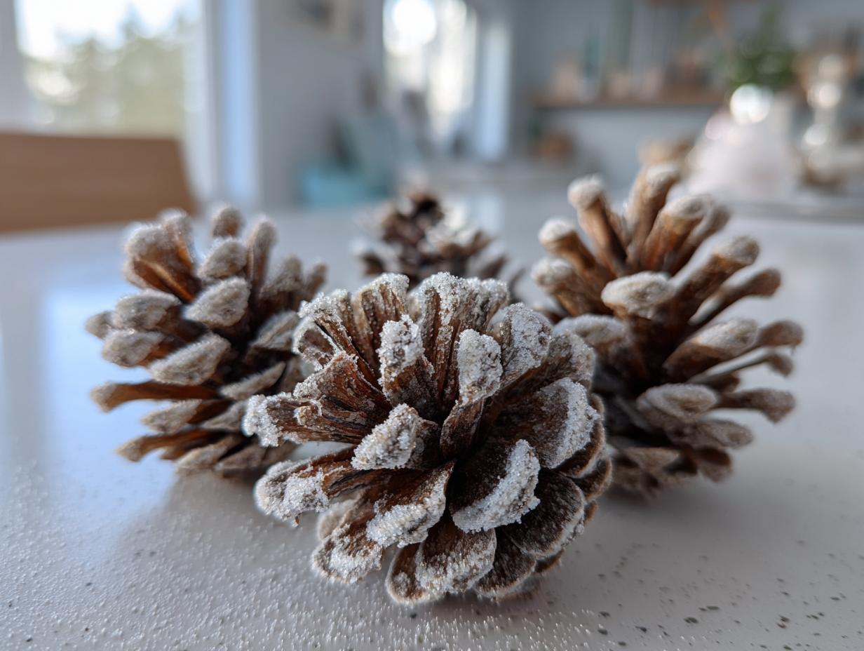 Close-up of several snow-flocked pinecones, showcasing their frosted tips and natural texture.