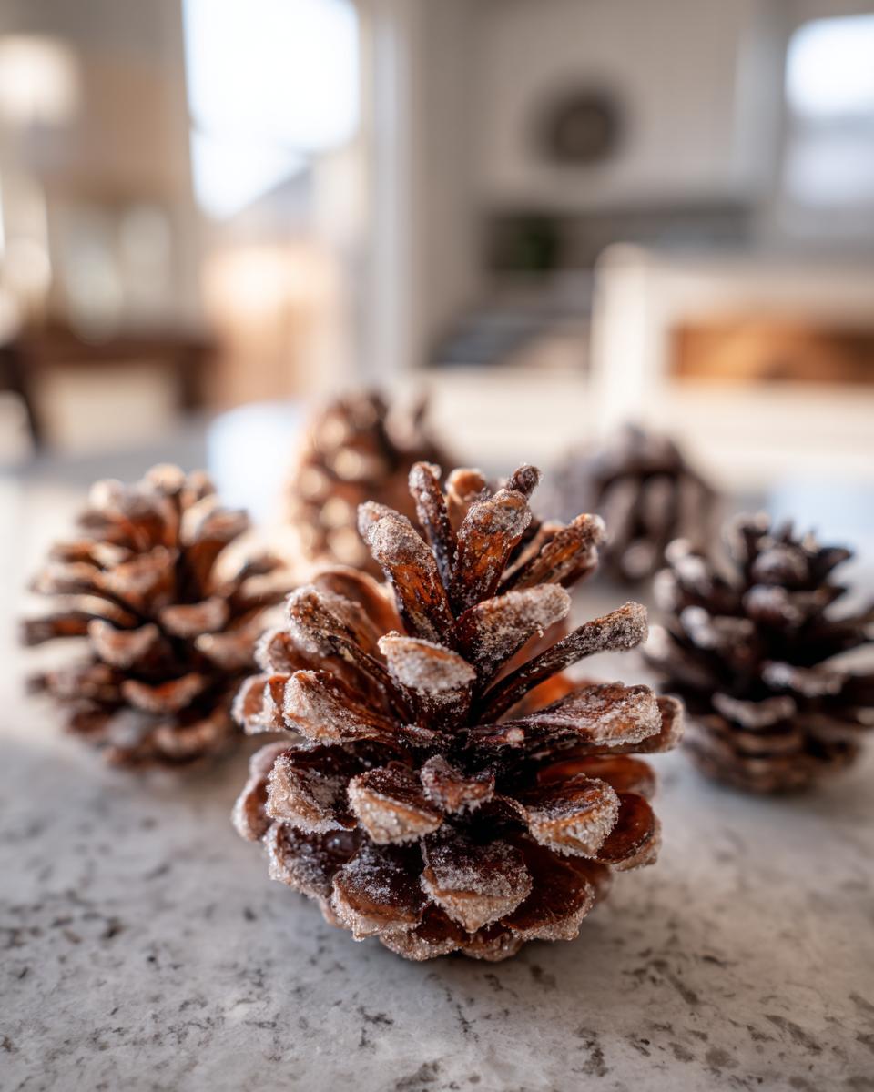 Close-up of snow-flocked pinecones, showcasing their frosted tips on a speckled countertop.