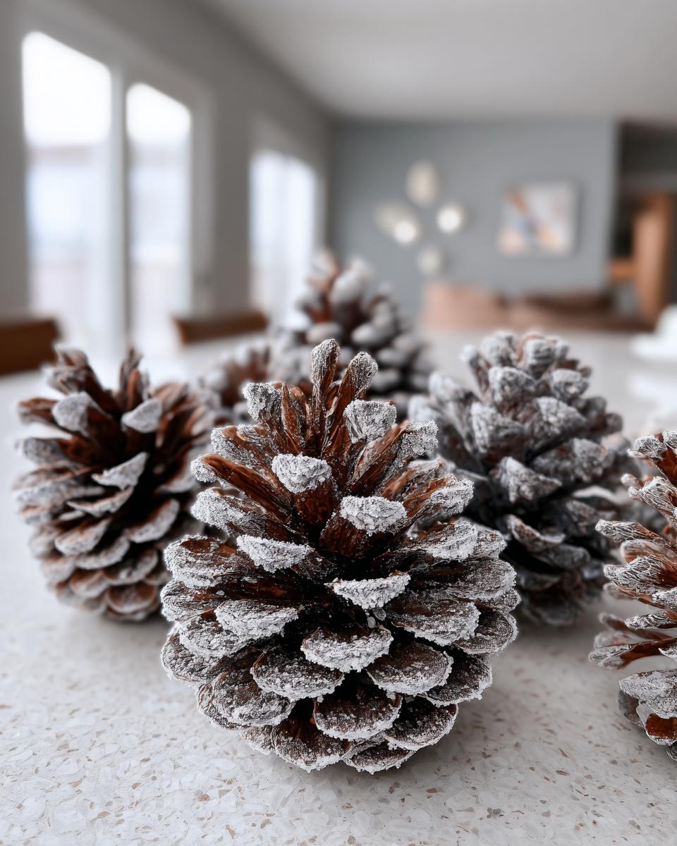 Close-up of several snow-flocked pinecones, showcasing their frosty appearance and natural texture.