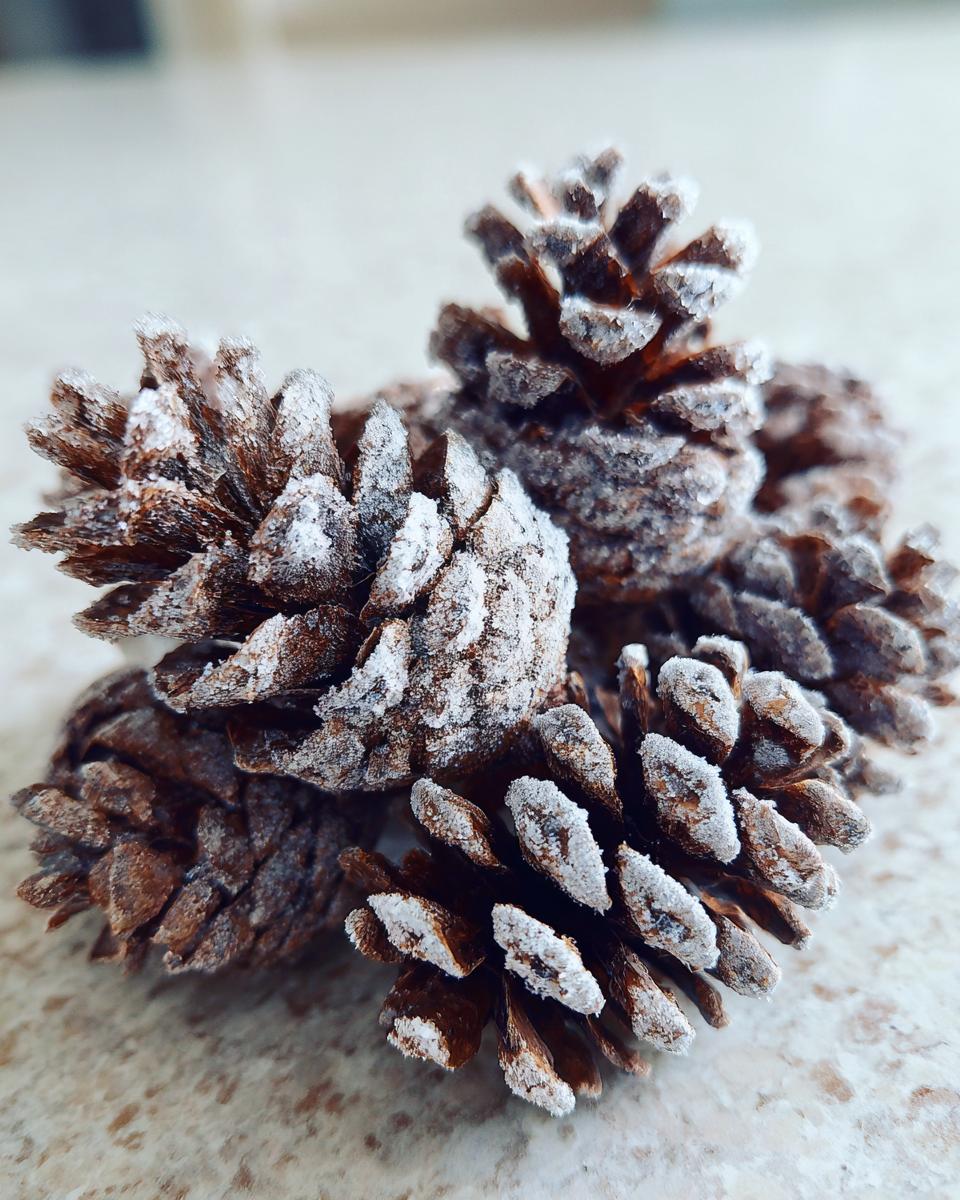 Close-up of several snow-flocked pinecones, showcasing their textured brown scales dusted with white.