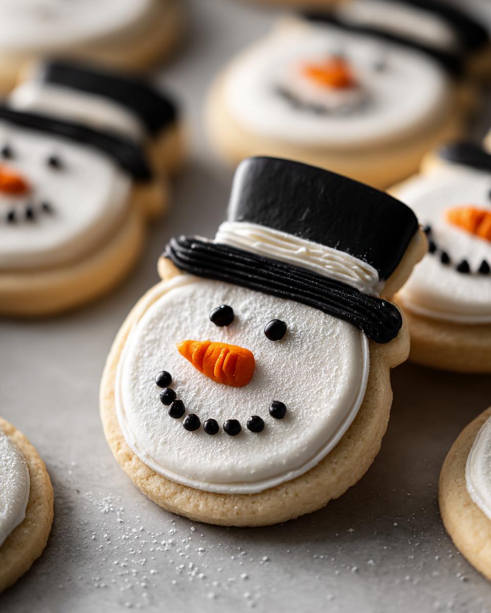 Close-up of an adorable Snowman Hat Cookie with white icing, black hat, orange carrot nose, and black eyes and mouth.