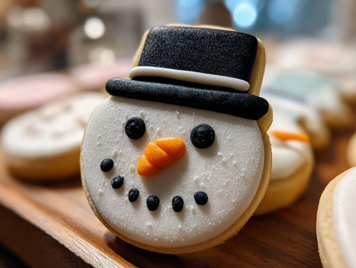 Close-up of an adorable snowman hat cookie with a white face, black eyes, orange carrot nose, and a black top hat.