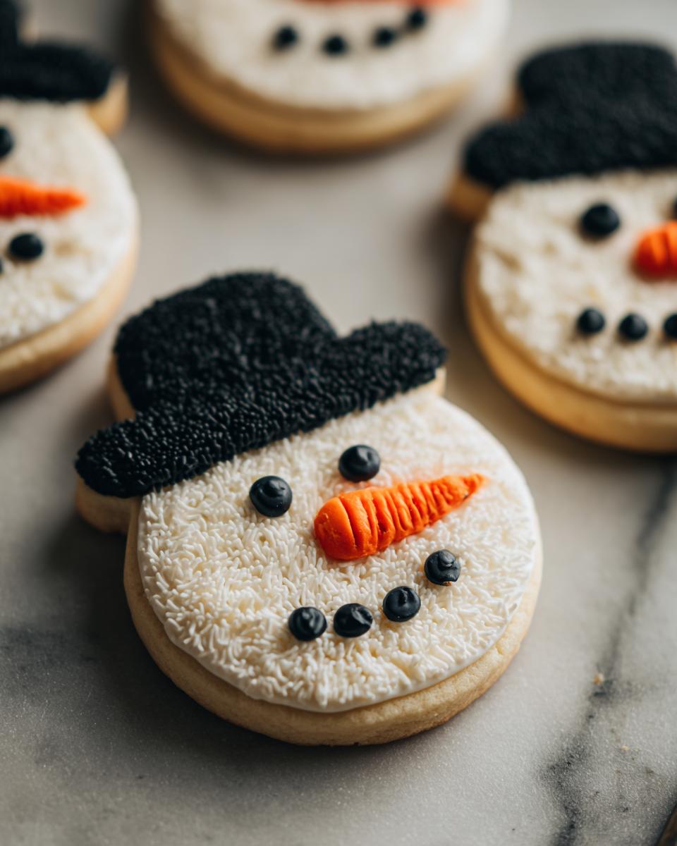 Close-up of adorable snowman hat cookies decorated with white frosting, black sprinkles for hats, and orange carrot noses.