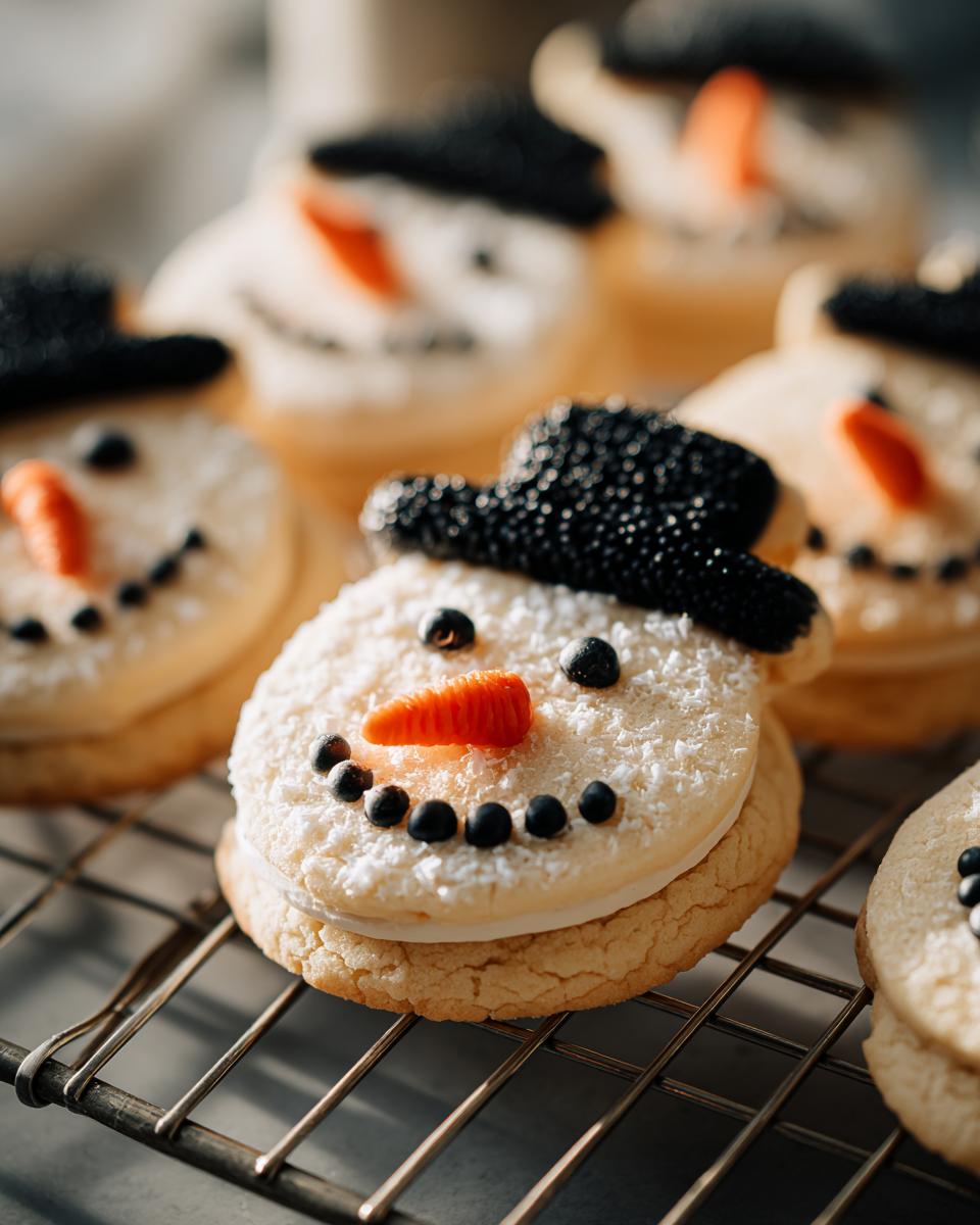 Close-up of adorable snowman hat cookies decorated with white frosting, black sprinkles, and orange carrot noses.