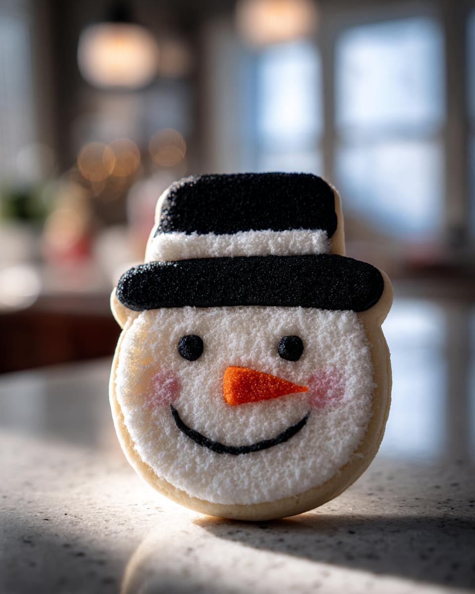 Close-up of a decorated Snowman Hat Cookie with white frosting, black hat, orange carrot nose, and pink cheeks.