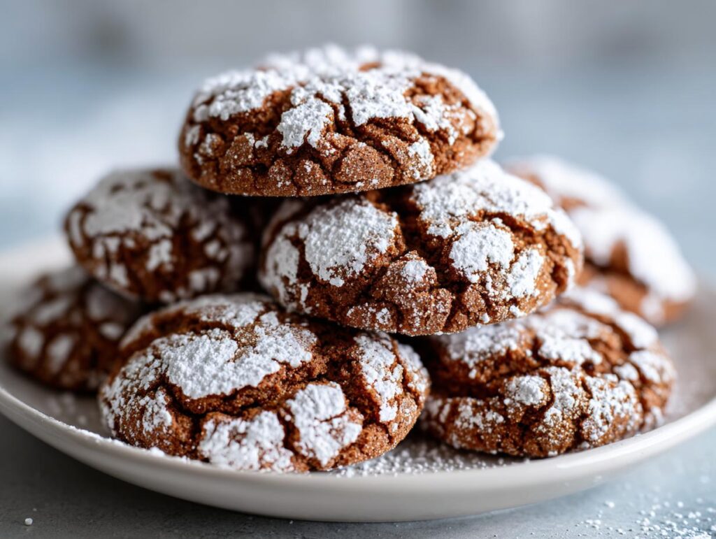 A stack of soft and spiced gingerbread crinkle cookies dusted with powdered sugar.