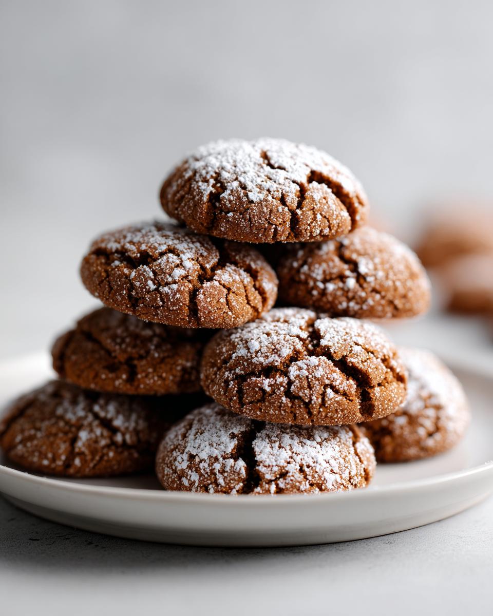 A stack of Soft and Spiced Gingerbread Crinkle Cookies dusted with powdered sugar.