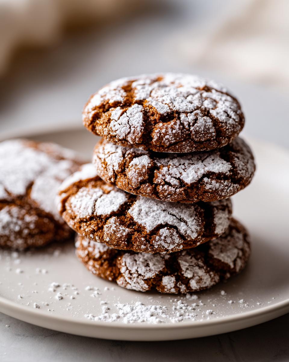 A stack of four Soft and Spiced Gingerbread Crinkle Cookies, dusted with powdered sugar, on a plate.