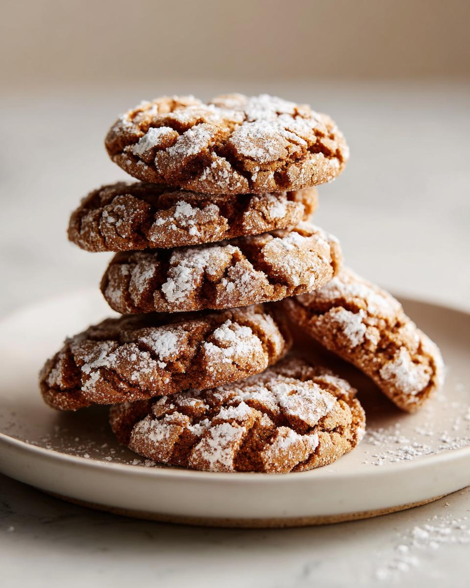 A stack of Soft and Spiced Gingerbread Crinkle Cookies dusted with powdered sugar.