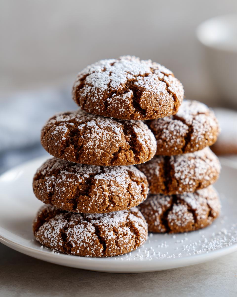A stack of Soft and Spiced Gingerbread Crinkle Cookies dusted with powdered sugar.