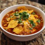 A close-up of a white bowl filled with hearty Southwestern Chicken Tortilla Soup, topped with tortilla chips, shredded cheese, cilantro, and a dollop of sour cream.