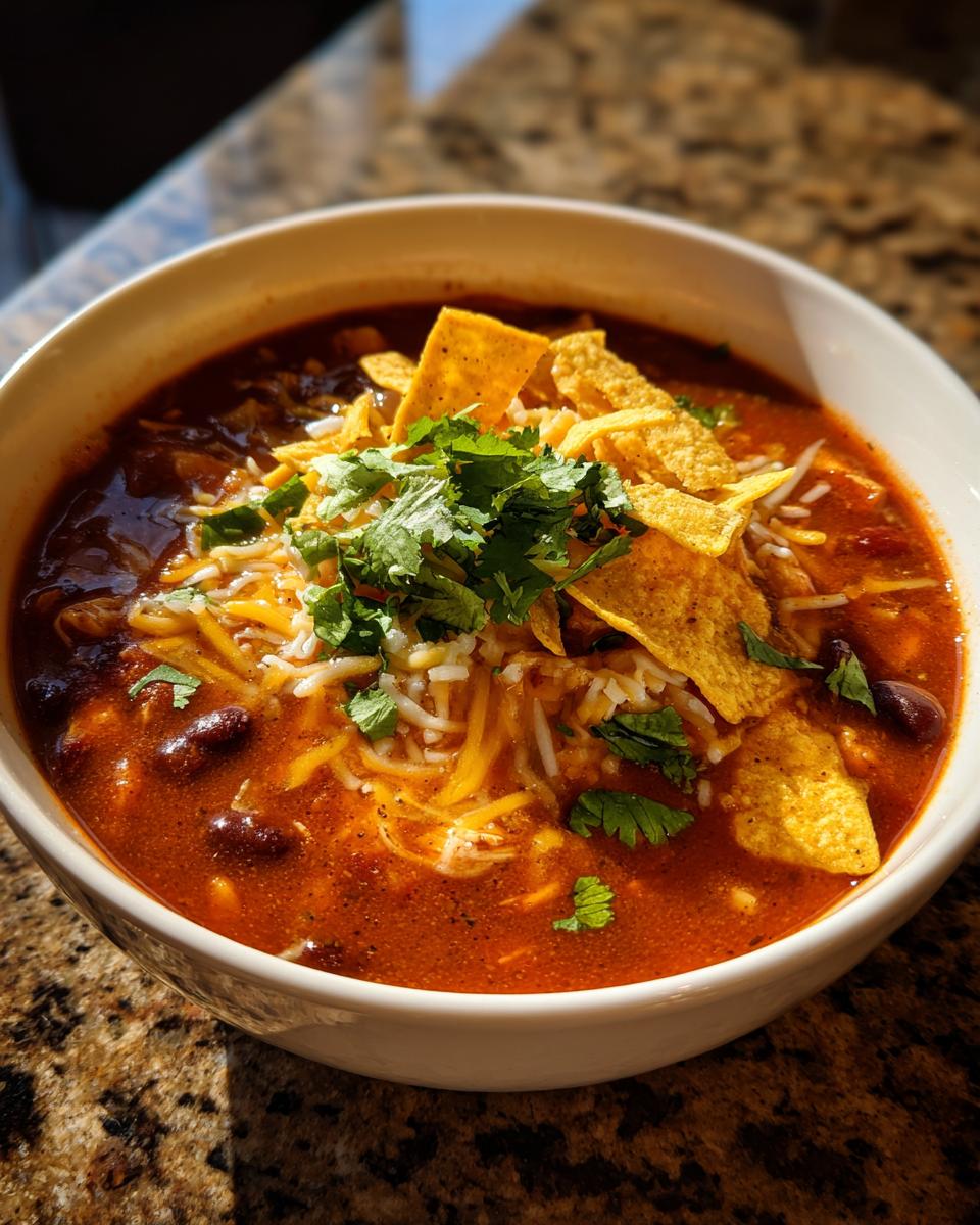A close-up of a white bowl filled with Southwestern Chicken Tortilla Soup, topped with tortilla chips, shredded cheese, and cilantro.