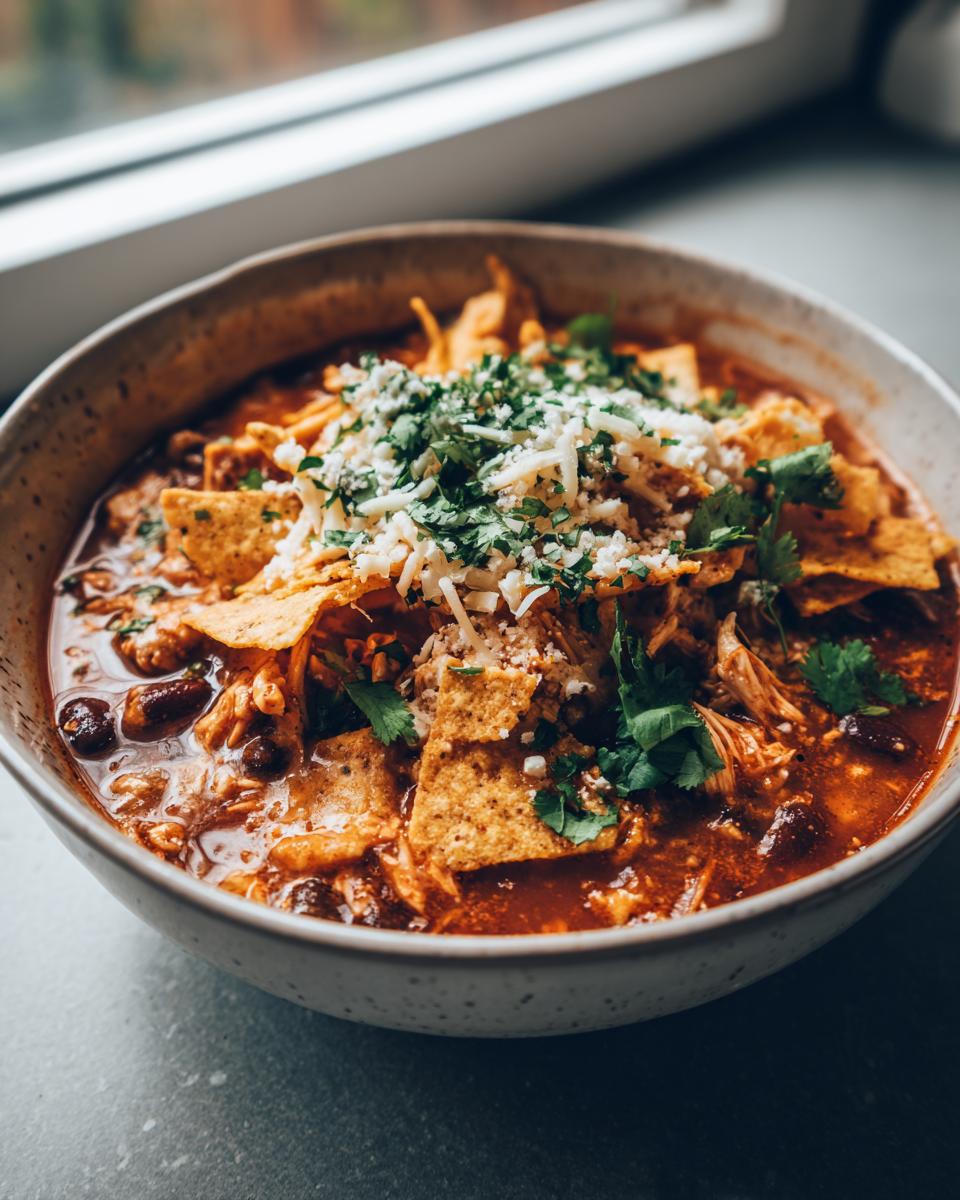 A close-up of a bowl of Southwestern Chicken Tortilla Soup, topped with shredded cheese, cilantro, and tortilla chips.