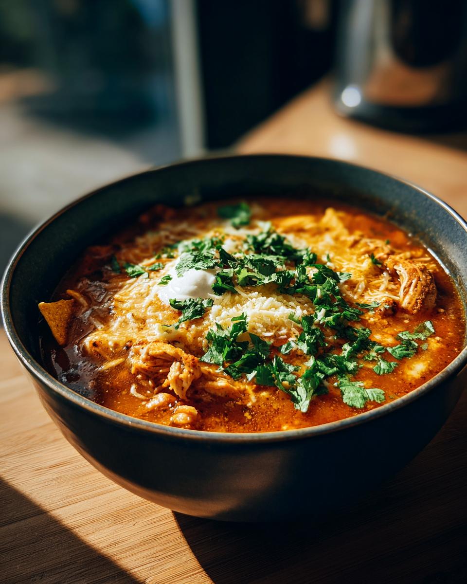 A generous bowl of Southwestern Chicken Tortilla Soup, topped with shredded cheese, sour cream, and fresh cilantro.
