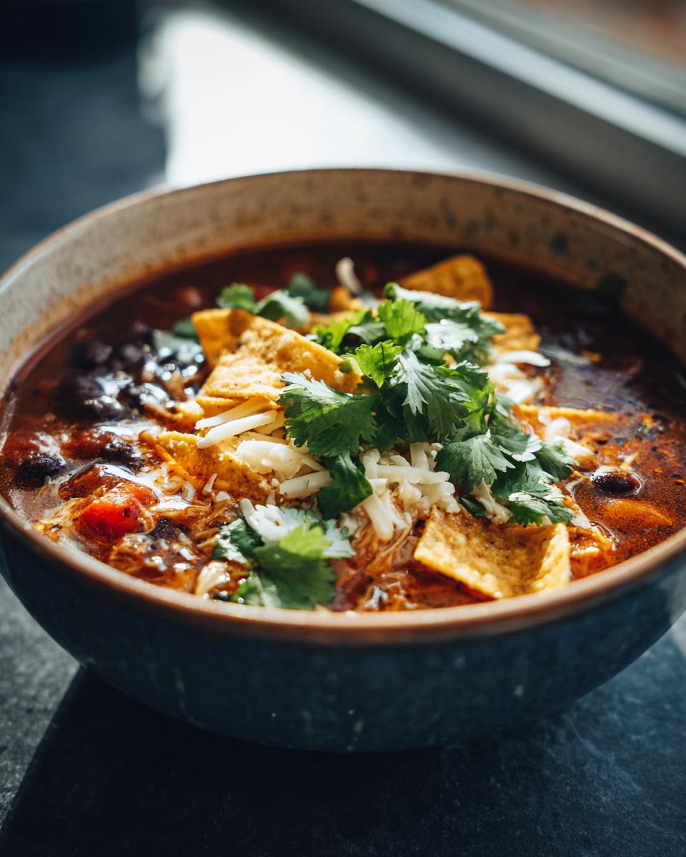 A close-up of a steaming bowl of Southwestern Chicken Tortilla Soup, topped with tortilla chips, shredded cheese, and fresh cilantro.