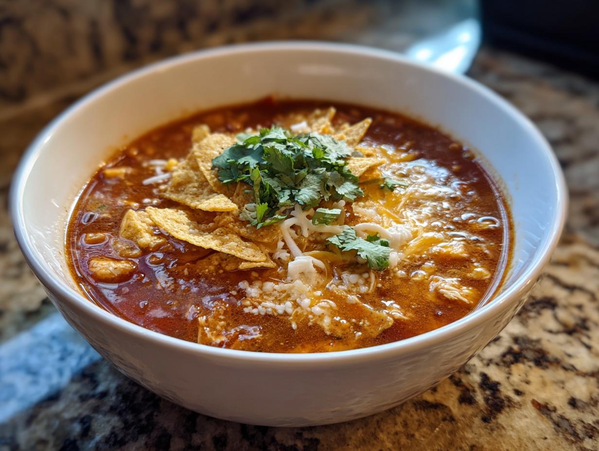 A close-up of a bowl of Southwestern Chicken Tortilla Soup topped with tortilla chips, shredded cheese, and cilantro.