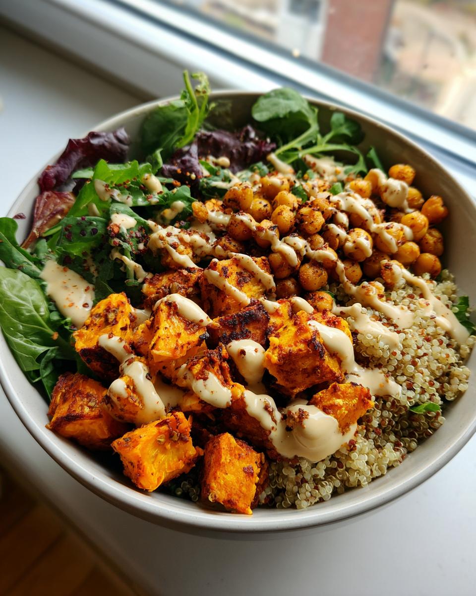 A colorful Spiced Chickpea and Sweet Potato Buddha Bowl with quinoa, greens, and tahini dressing.