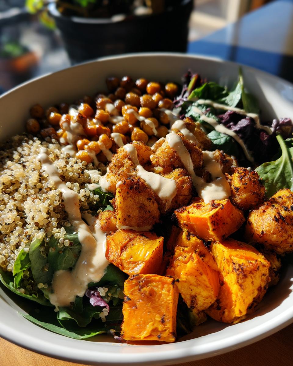 A vibrant Spiced Chickpea and Sweet Potato Buddha Bowl with quinoa, chickpeas, and sweet potato.