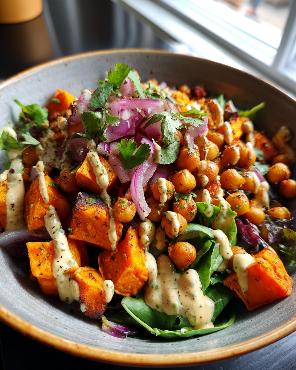 Close-up of a Spiced Chickpea and Sweet Potato Buddha Bowl with dressing and fresh herbs.