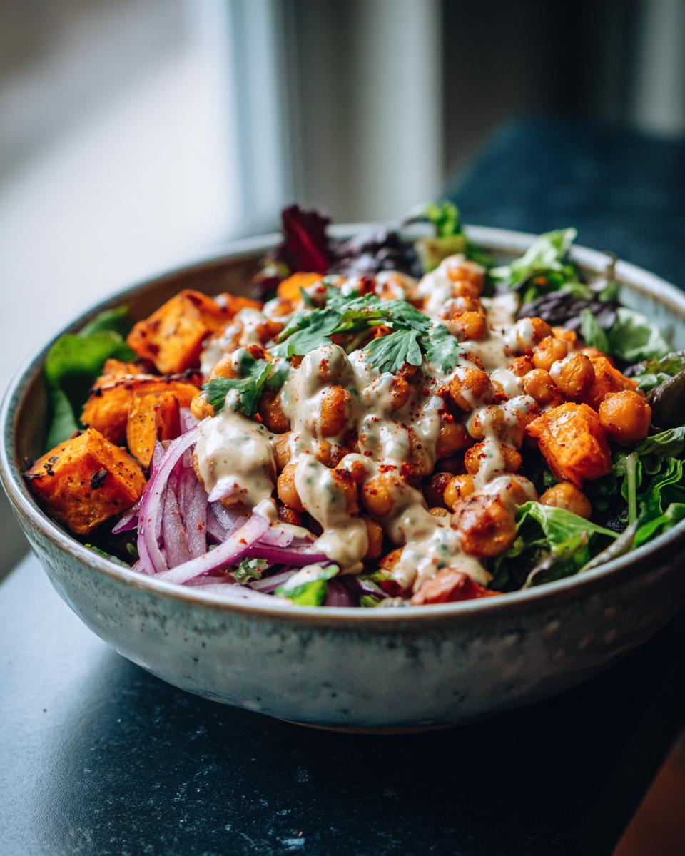 Close-up of a Spiced Chickpea and Sweet Potato Buddha Bowl with tahini dressing and fresh herbs.