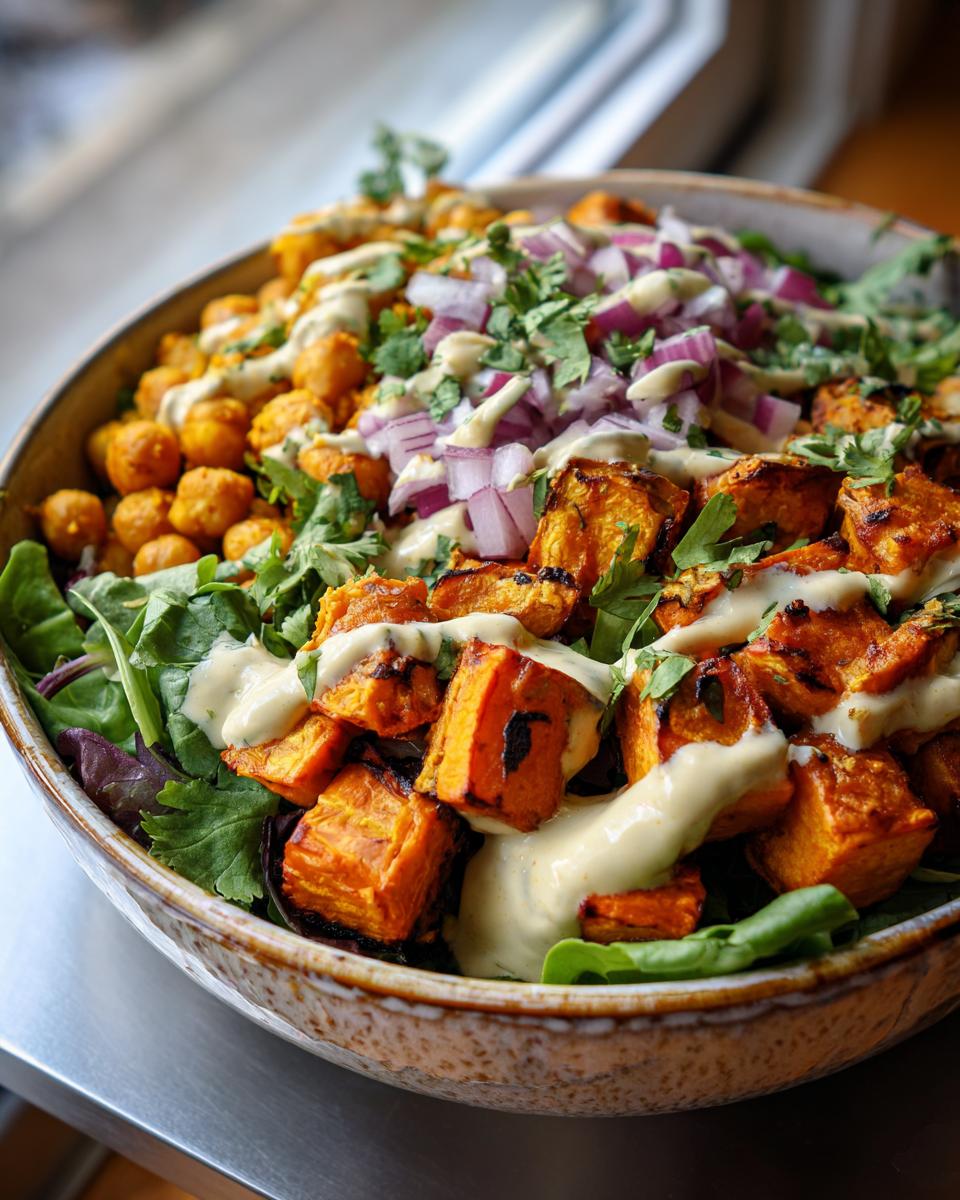 Close-up of a Spiced Chickpea and Sweet Potato Buddha Bowl with tahini dressing.