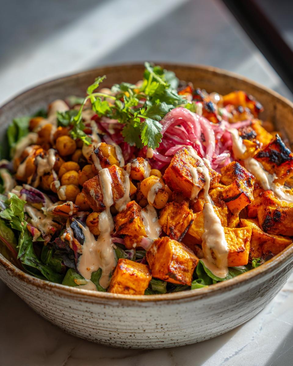 Close-up of a Spiced Chickpea and Sweet Potato Buddha Bowl with tahini dressing.