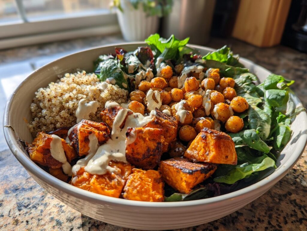 A colorful Spiced Chickpea and Sweet Potato Buddha Bowl with quinoa, greens, and tahini dressing.
