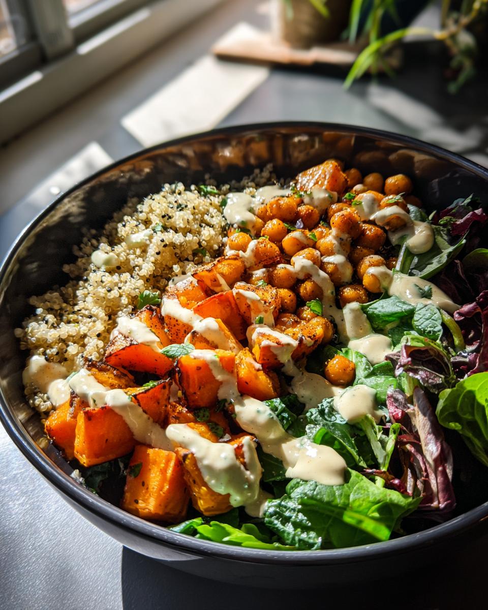 A colorful Spiced Chickpea and Sweet Potato Buddha Bowl with quinoa, chickpeas, sweet potato, and greens.