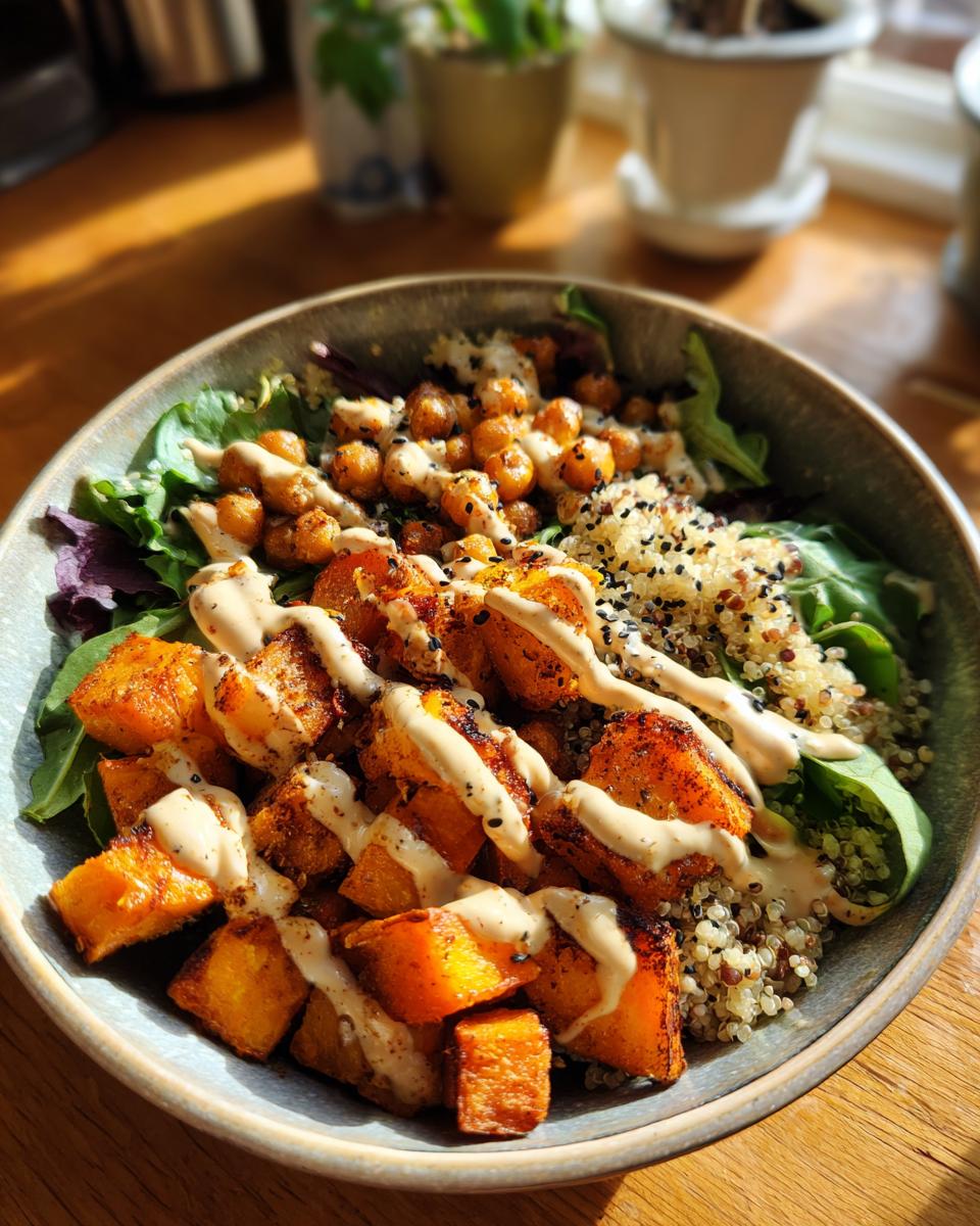 Close-up of a Spiced Chickpea and Sweet Potato Buddha Bowl with roasted sweet potatoes, chickpeas, quinoa and dressing.