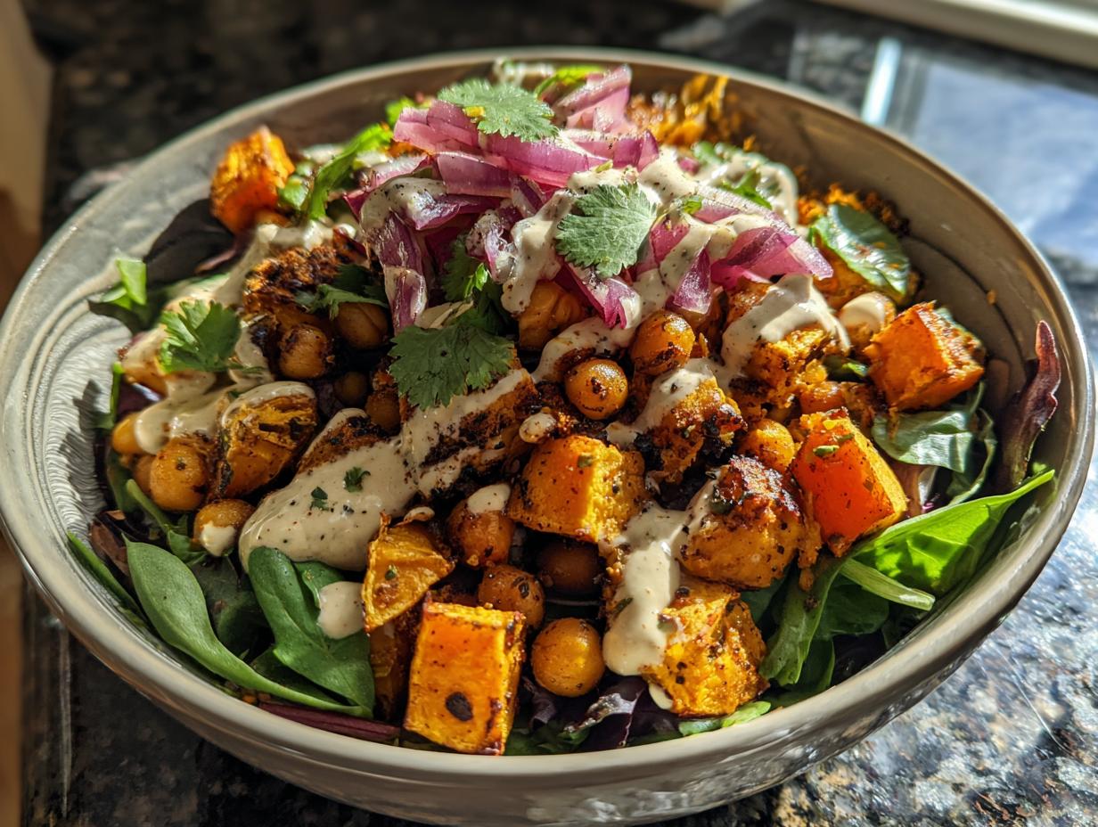 Close-up of a Spiced Chickpea and Sweet Potato Buddha Bowl with tahini dressing and red onion.