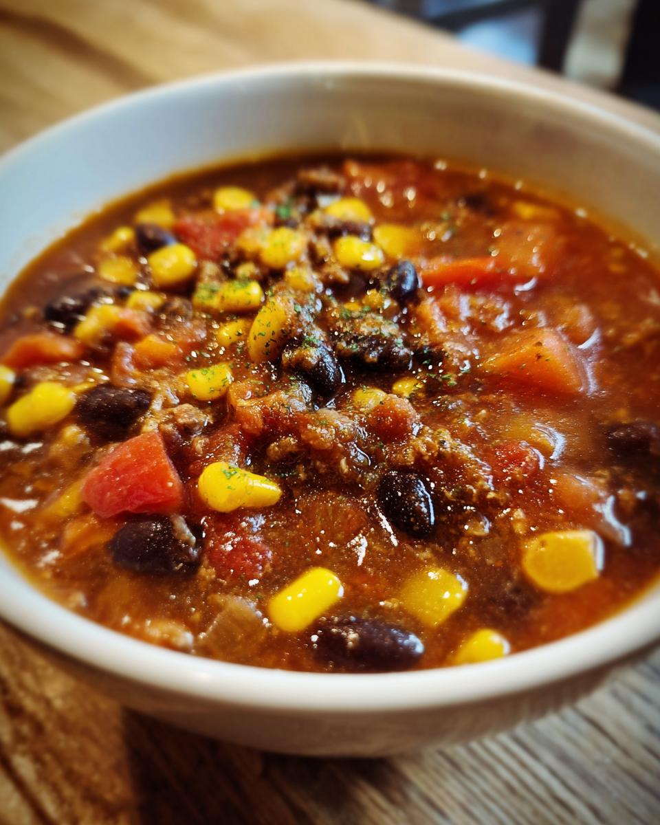 Close-up of a bowl of Spicy Black Bean & Corn Soup, with visible black beans, corn, and tomatoes.