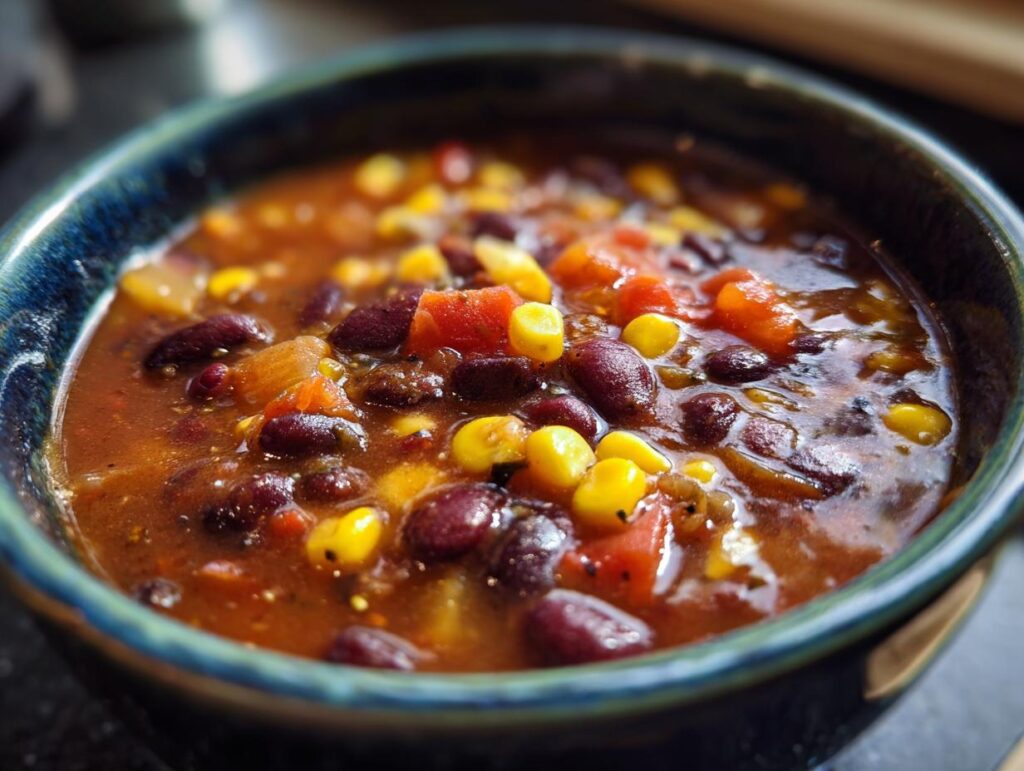 Close-up of a bowl of Spicy Black Bean & Corn Soup with beans, corn, and tomatoes.
