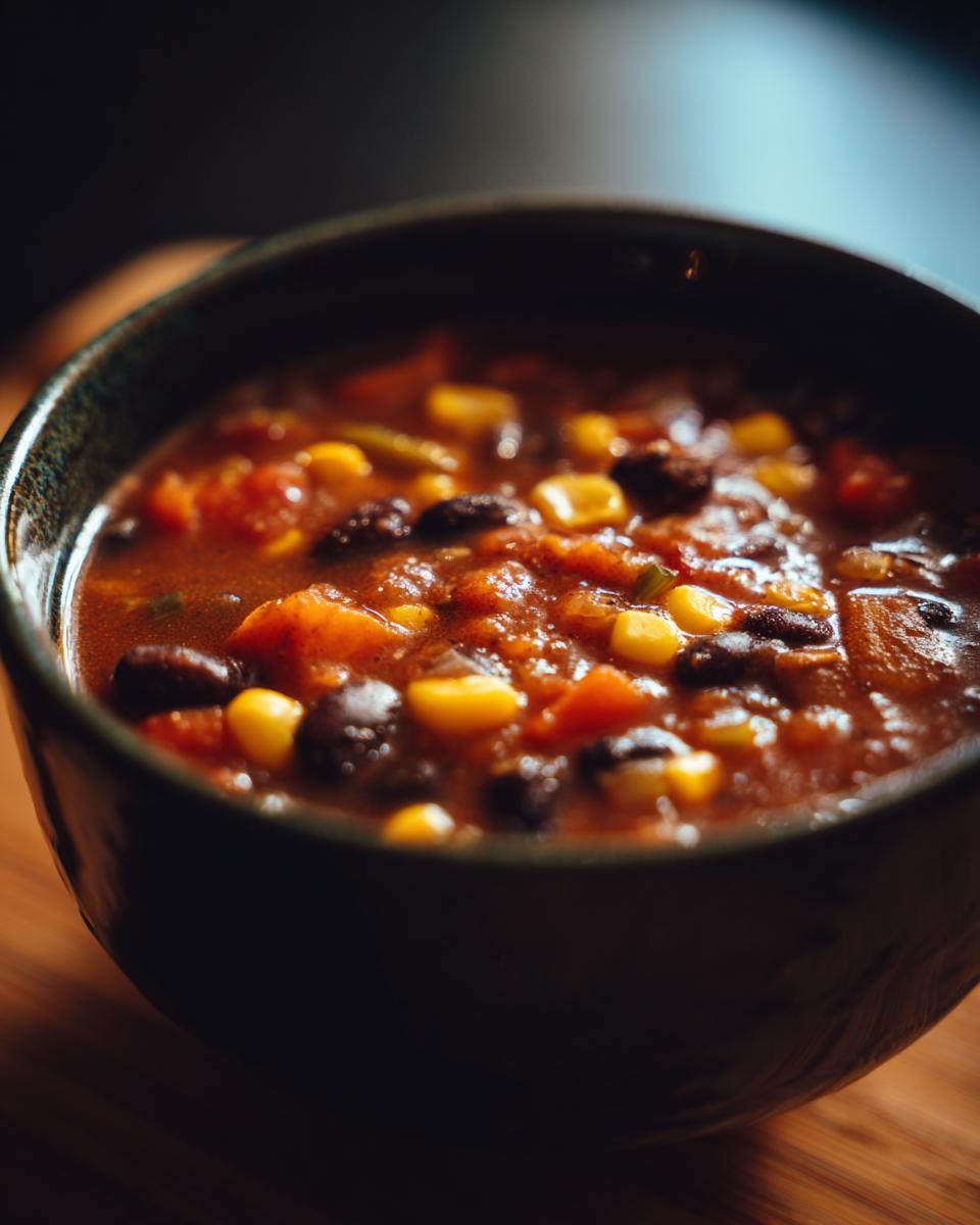 Close-up of a bowl of Spicy Black Bean & Corn Soup, with corn, black beans, and tomatoes.