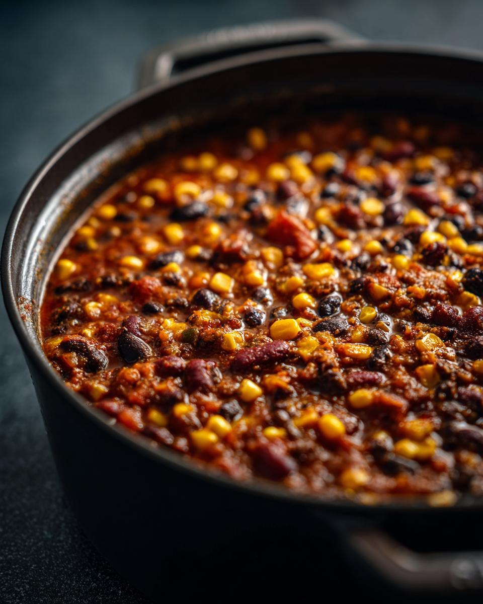Close-up of a pot of Spicy Black Bean & Corn Soup, with corn and beans visible.