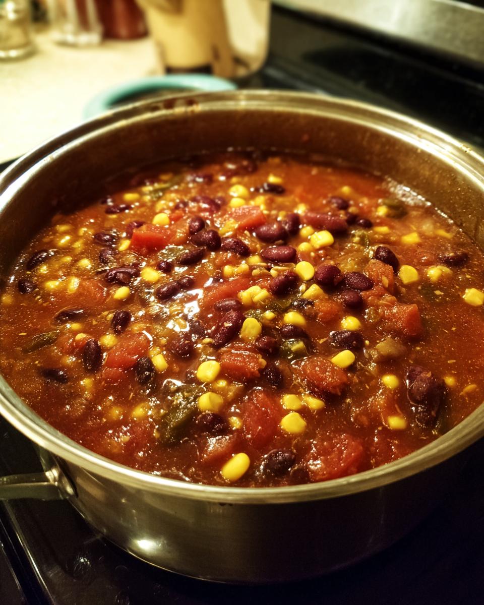 Close-up of a pot of Spicy Black Bean & Corn Soup with corn, tomatoes, and black beans.