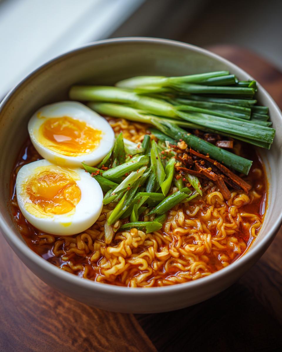 Close-up of a bowl of Spicy Ramen Noodle Soup with egg and green onions.