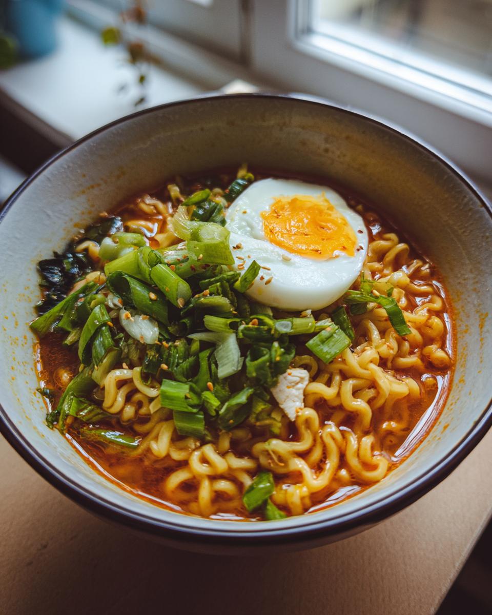 Close-up of a bowl of Spicy Ramen Noodle Soup with egg and green onions.