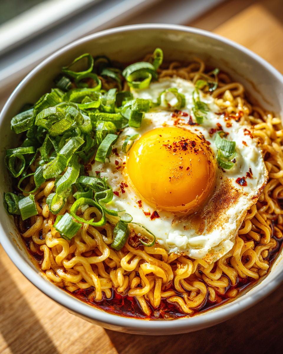 Close-up of a bowl of spicy ramen noodle soup with a fried egg and green onions. The dish is the primary keyword.