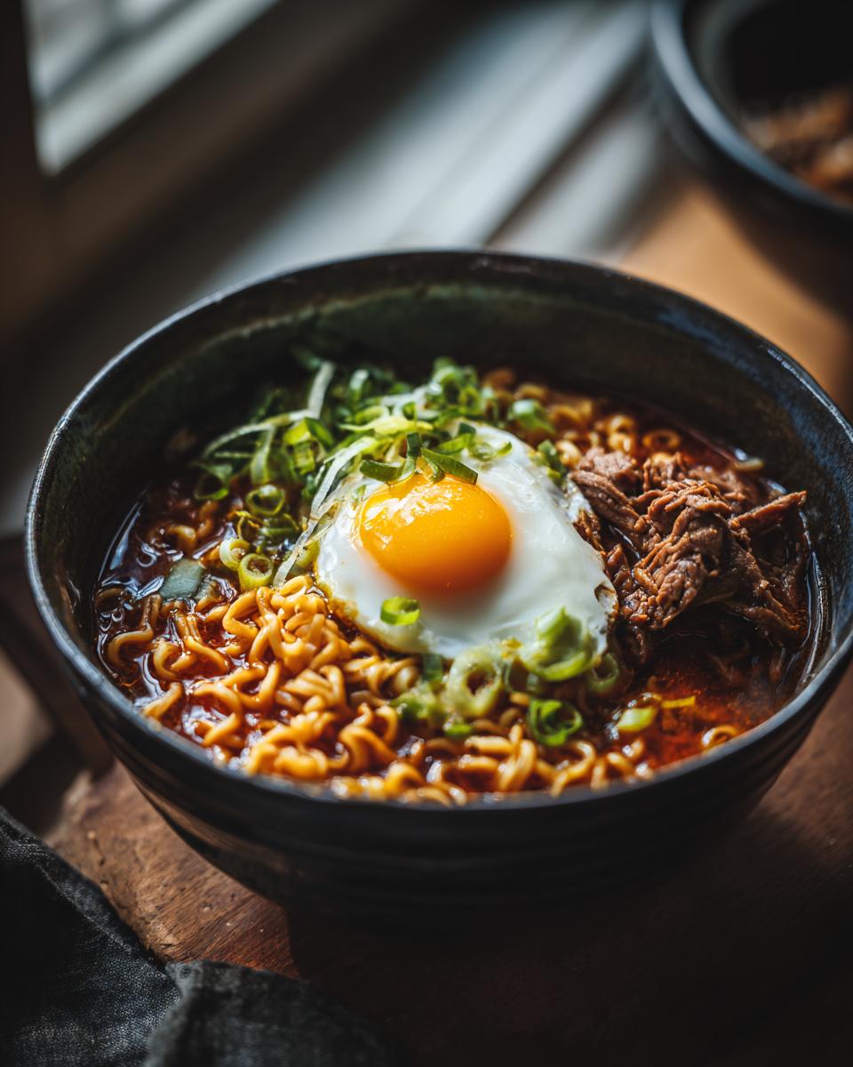 Close-up of a bowl of Spicy Ramen Noodle Soup with egg, meat, and green onions. The perfect comfort food.