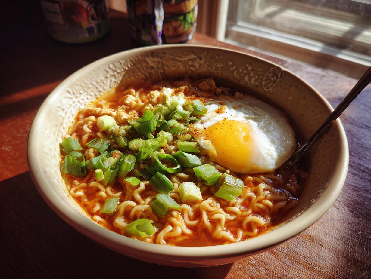 Bowl of Spicy Ramen Noodle Soup with a fried egg and green onions.