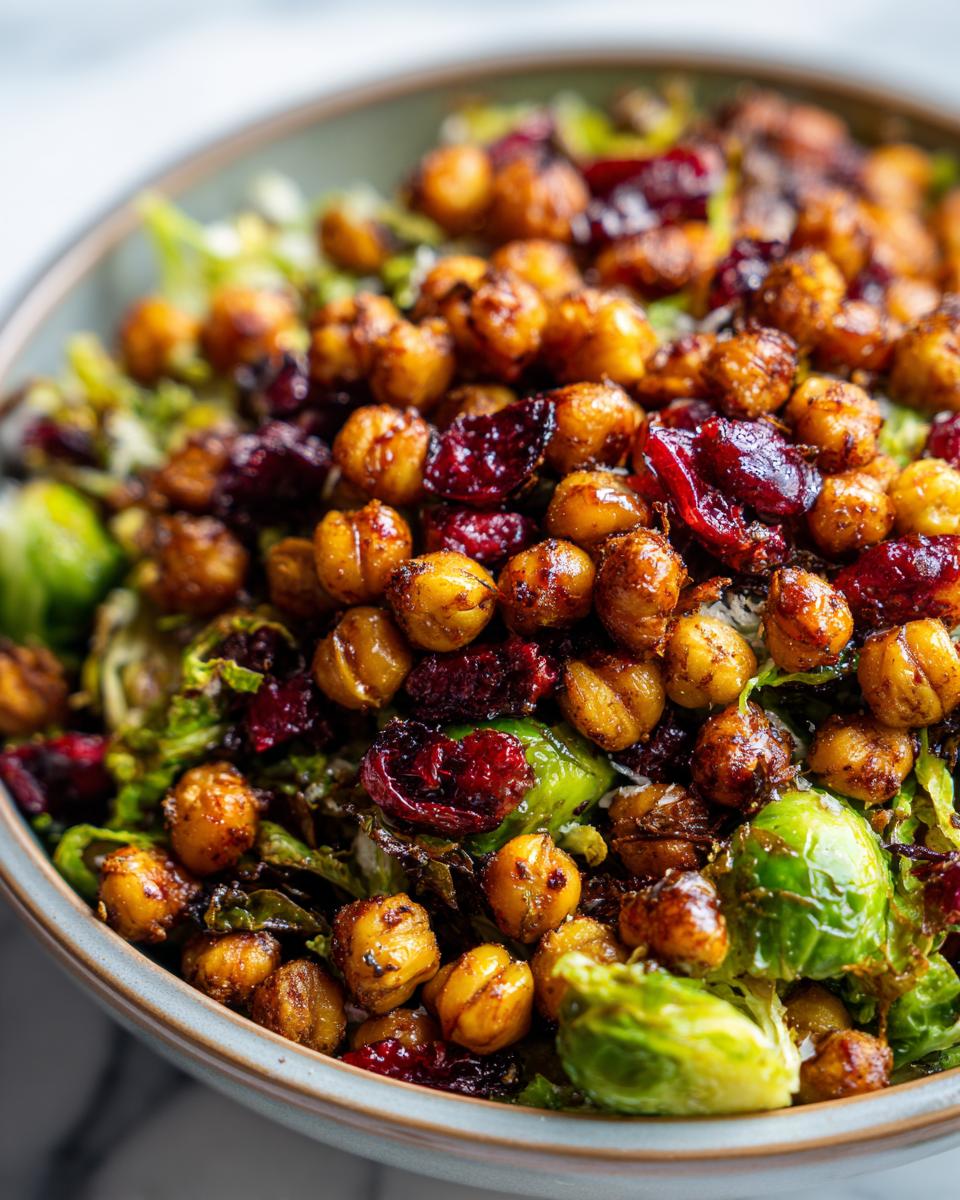 Close-up of Spicy Roasted Chickpeas Brussels Sprout Salad with cranberries and parmesan.