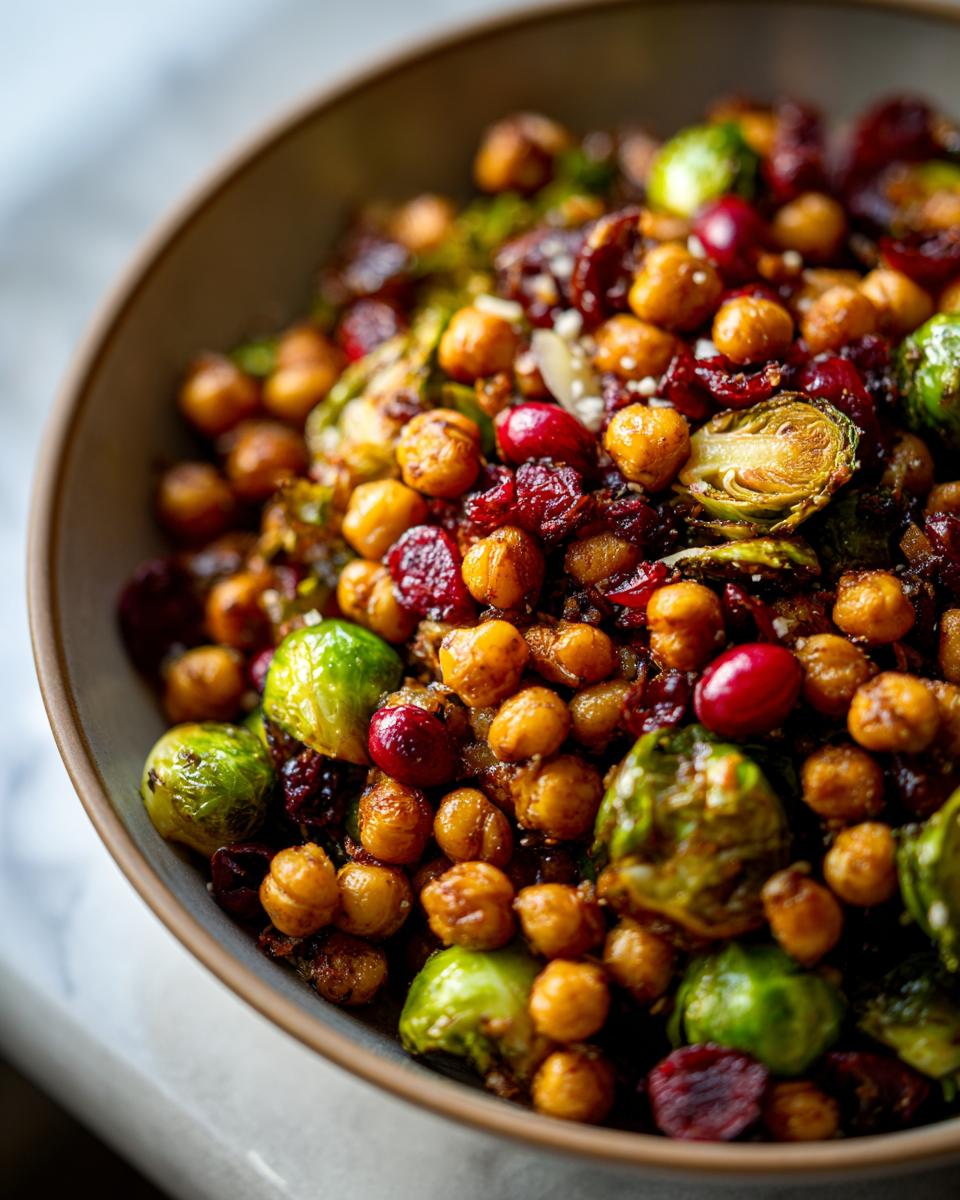 Close-up of a bowl filled with Spicy Roasted Chickpeas Brussels Sprout Salad with cranberries and Parmesan.
