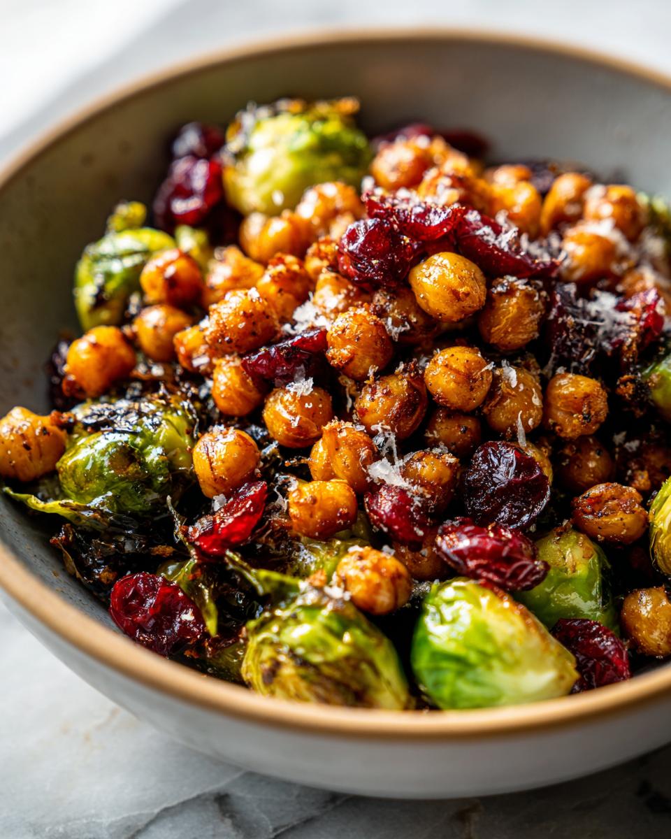 Close-up of Spicy Roasted Chickpeas Brussels Sprout Salad with cranberries and parmesan in a bowl.