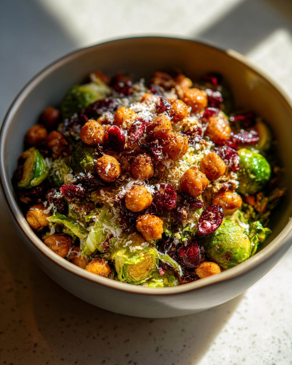 Close-up of a bowl of Spicy Roasted Chickpeas Brussels Sprout Salad with cranberries and parmesan.
