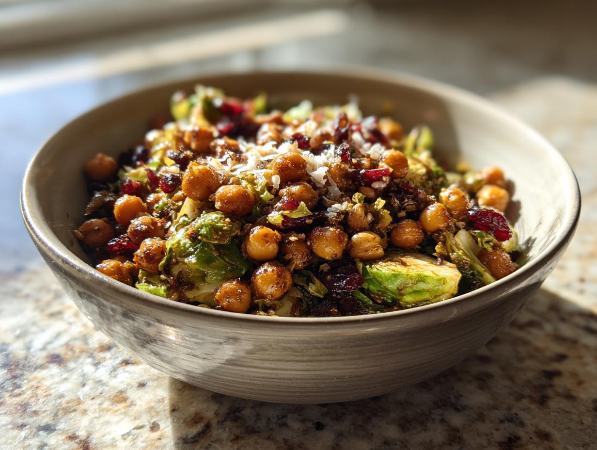 A bowl of Spicy Roasted Chickpeas Brussels Sprout Salad with cranberries and parmesan.