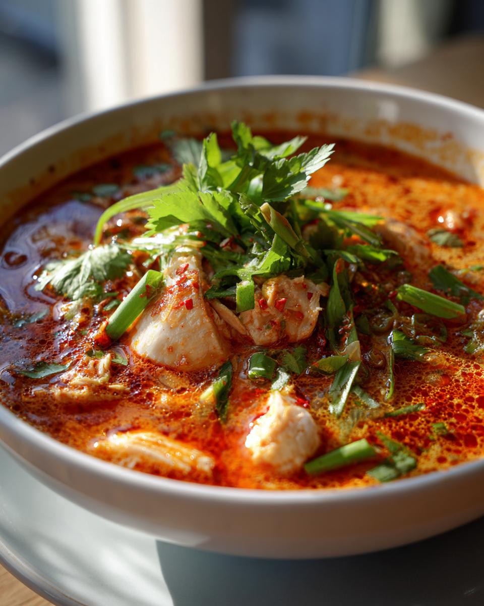 Close-up of a bowl of Spicy Thai Chicken Soup, garnished with fresh herbs and scallions.