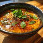 Bowl of Spicy Thai Chicken Soup garnished with fresh herbs, a flavorful and aromatic dish.